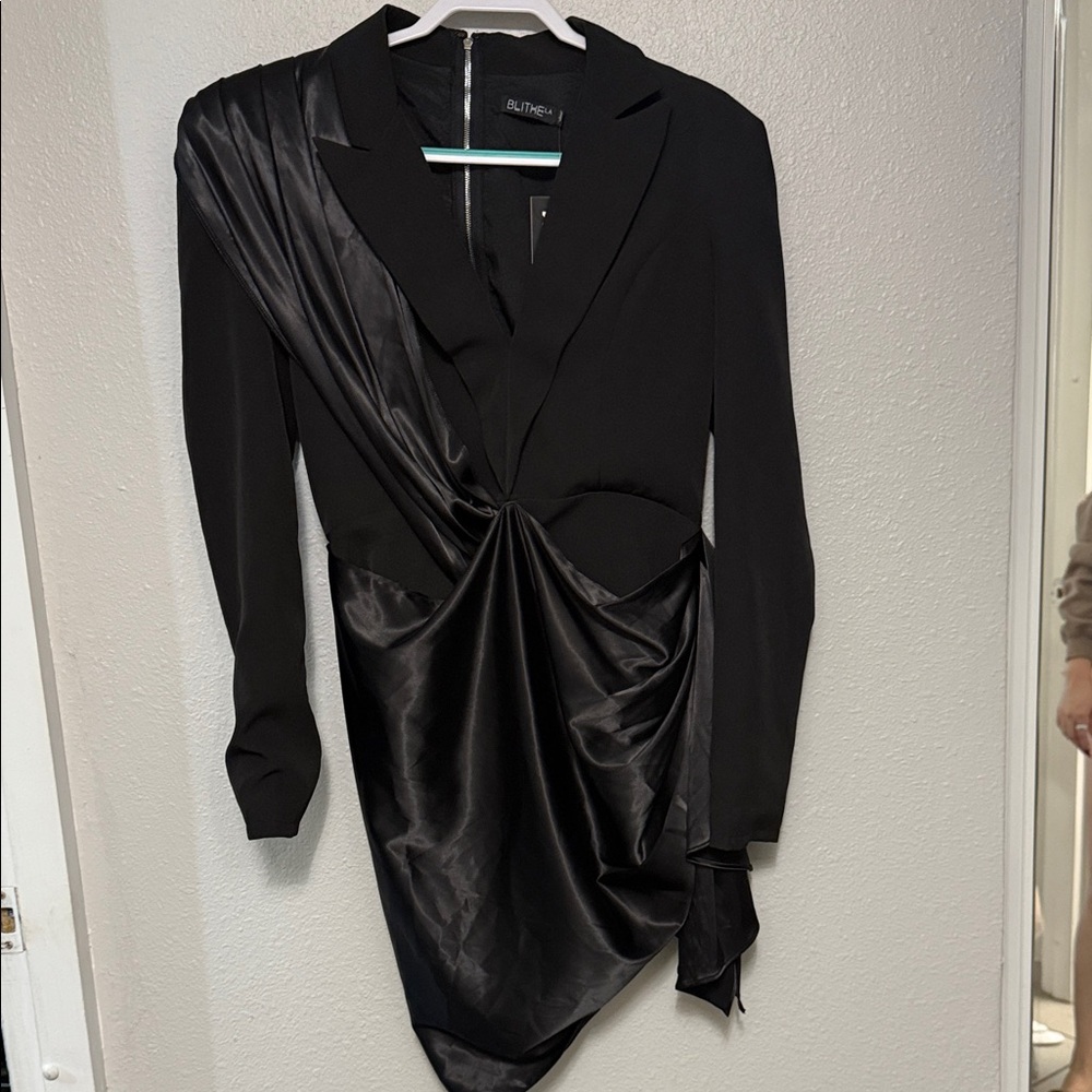 Black Satin Draped Dress